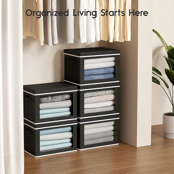 Homsorout Collapsible Storage Bins with Lids - Stackable Storage Containers with Window, 15.7 Inch Fabric Organizing Bins for Closet, Home & Office Organization Baskets, Black, 3 Pack