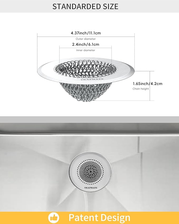 TRAPMATE 2 Pcs Kitchen Sink Drain Strainer, Stainless Steel Sink Strainer Basket with Easy Clean & Anti-Clog, Fits Garbage Disposal, Dishwasher Safe