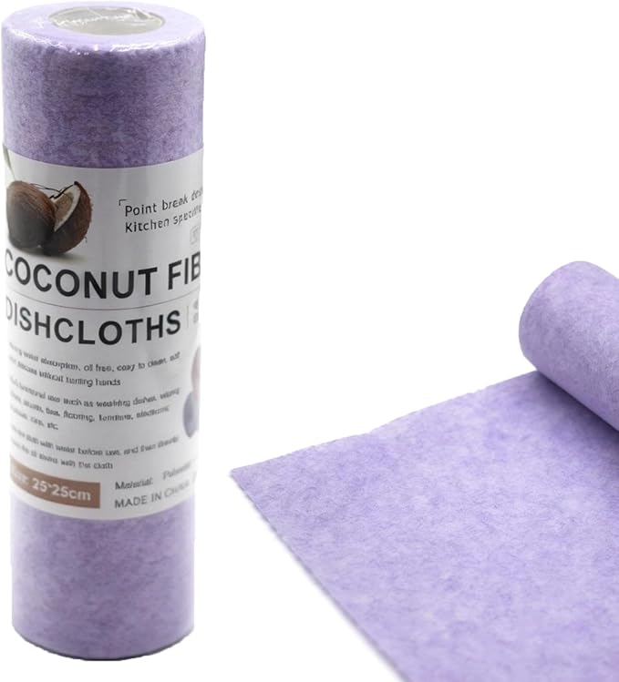 Coconut Fiber Dishcloth Roll – Eco-Friendly Reusable Cleaning Cloths, 20 Sheets (25×25 cm), Highly Absorbent & Quick-Dry Kitchen Towels with Easy-Tear Point-Break Design (1, Purple)