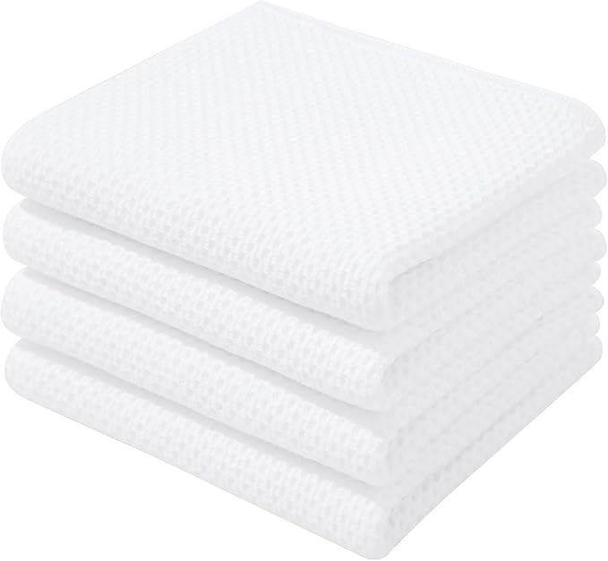 Homaxy 100% Cotton Waffle Weave Kitchen Dish Towels, Ultra Soft Absorbent Quick Drying Cleaning Towel, 13 x 28 Inches, 4-Pack, White