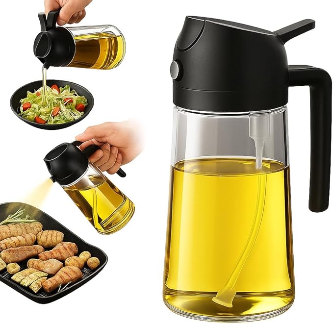 16oz/470ml Glass Olive Oil Sprayer for Cooking - 2 in 1 Olive Oil Dispenser for Kitchen Gadgets, Air Fryer, Salad, and BBQ - Black