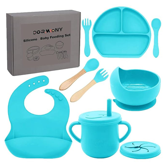 100% Silicone baby feeding set,BPA free Baby dishes set with Suction Bowl Divided Plate,Toddler Self Feeding Dish Set with Spoons Forks Sippy Cup And Bib, Baby Eating Utensils (Cyan Blue)