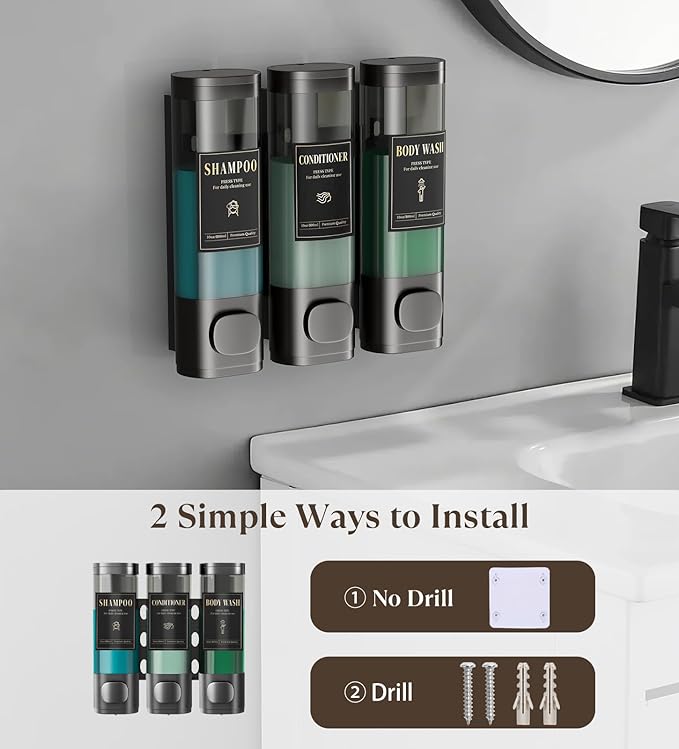 Luxspire Shampoo and Conditioner Dispenser, No Drill Wall Mounted Shower Soap Dispenser 3 Chamber with Waterproof Labels, Easy Refill Soap Dispenser for Bathroom Hotel Kitchen, Gray