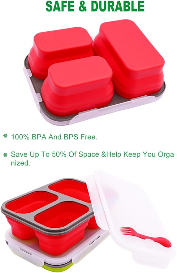 2 Pack Big Size Collapsible Silicone Bento Lunch Boxes With Lids Spoons Forks,3 Compartments, Divided Lunch Food Storage Containers, Safe in Microwave