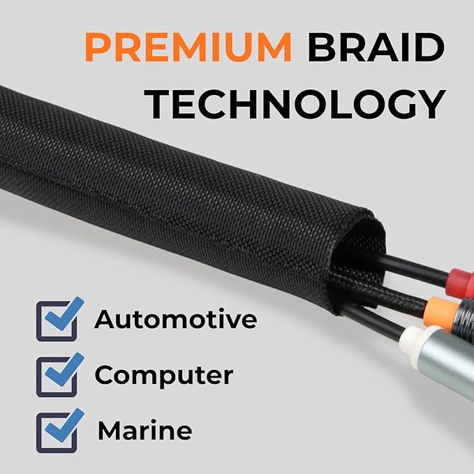 1 inch Split Braided Cable Management Sleeve for USB Cable Power Cord Audio Video Cable, Wire Loom Cord Protector from Cat Dog Chewing (Black, 25FT)