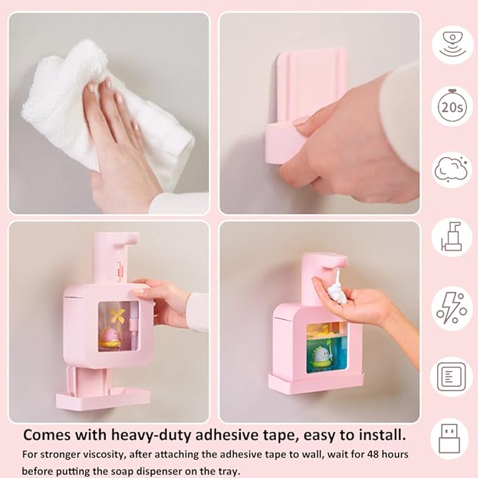 Cute Automatic Foam Soap Dispenser for Kids - Waterproof USB Rechargeable Hand-Free 13.5oz - Pink Dinosaur for Bathroom, Kitchen, Office, School - Children's Birthday Gift