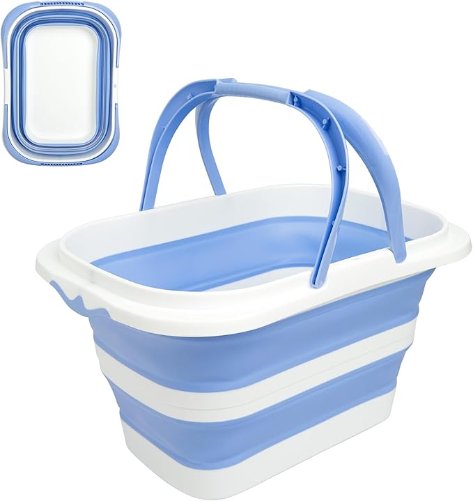 Collapsible Mop Bucket 4.2 Gallon(16L), Space-Saving Foldable Cleaning Bucket with Handle & Hanging Hole for Home, Swimming Pool, Camping, Car Wash & Outdoor(Blue White)