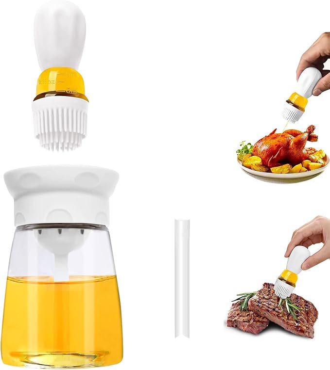 TINMIX Oil Dispenser Bottle with Brush - 2 IN 1 Kitchen Olive Oil Container with Silicone Pastry Basting Brush for Cooking Vinegar Sauce BBQ Grill Frying, T-OB22, White