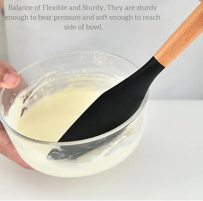 LorisArm Large Wooden Handle Spatula Set, 12" Rubber Spatula 4-Pack Nonstick Silicone Spatulas for Baking Cooking and Mixing, Jar Scraper (Grey, Green, White, Black).