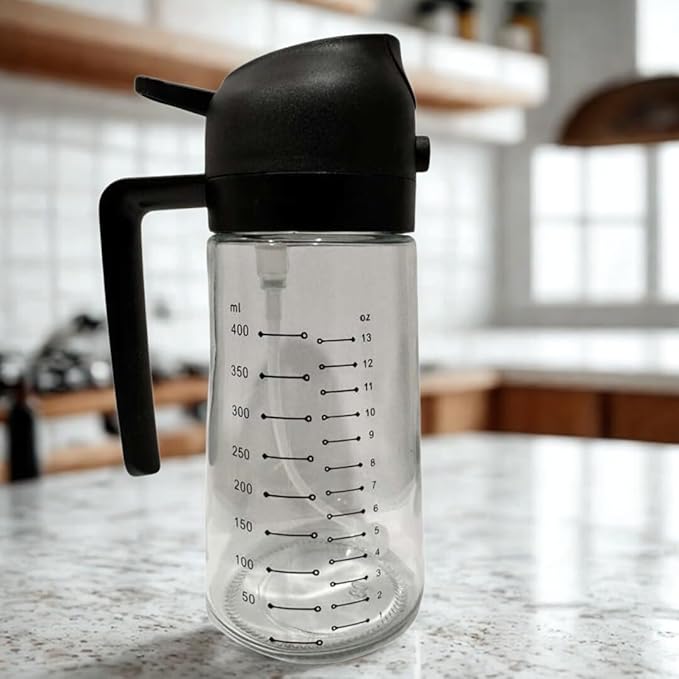 M2OA Glass Oil Sprayer with Dual Function, Green, 16oz/470ml, Premium BPA-Free Oil Dispenser Bottle for Cooking, Scales to keep track of measure, Salad, BBQ (Black)