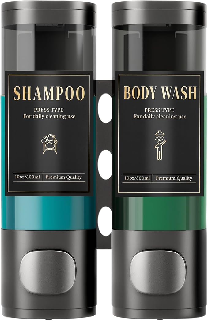 Luxspire Shampoo and Conditioner Dispenser, No Drill Wall Mounted Shower Soap Dispenser 2 Chamber with Waterproof Labels, Easy Refill Soap Dispenser for Bathroom Hotel Kitchen, Gray
