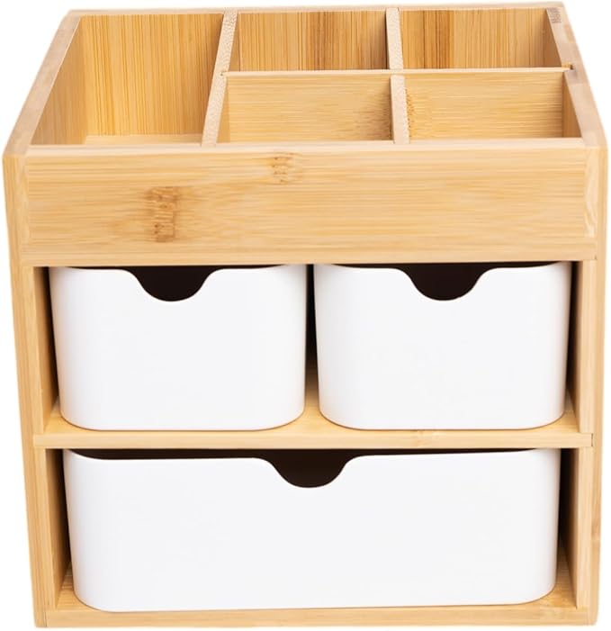 Bamboo Makeup Organizer with 3 Drawers, Dresser Cosmetic Organizer Box