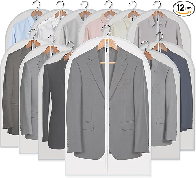 MsKitchen Garment Bags 12 Pack, 24 x 40 Hanging Clothes Storage Bags, Translucent PEVA Garment Covers with Full Zipper for Suits and Dresses