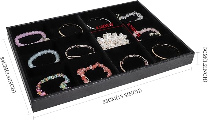 Wudygirl 12 Grid Jewelry Tray Display Stackable Storage Earring Brooch Velvet, Black (12 Grid Jewelry Tray)