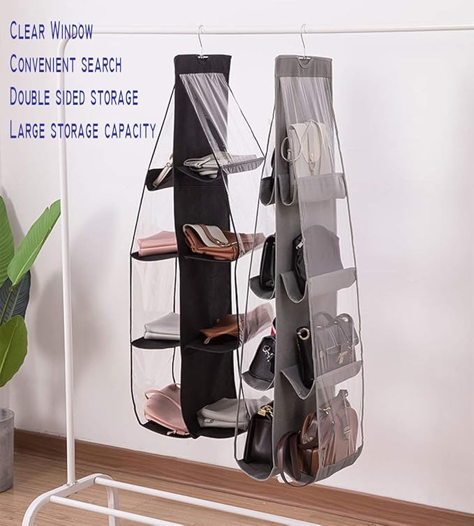 AARAINBOW 2 Packs Hanging Handbag Purse Organizer, Purse Bag Organizer Storage, 8 Pockets Hanging Bag Organizer for Closet Rack, Wardrobe Closet Space Saving Purses Holder, 41L*13.5W (B, 2 Black)