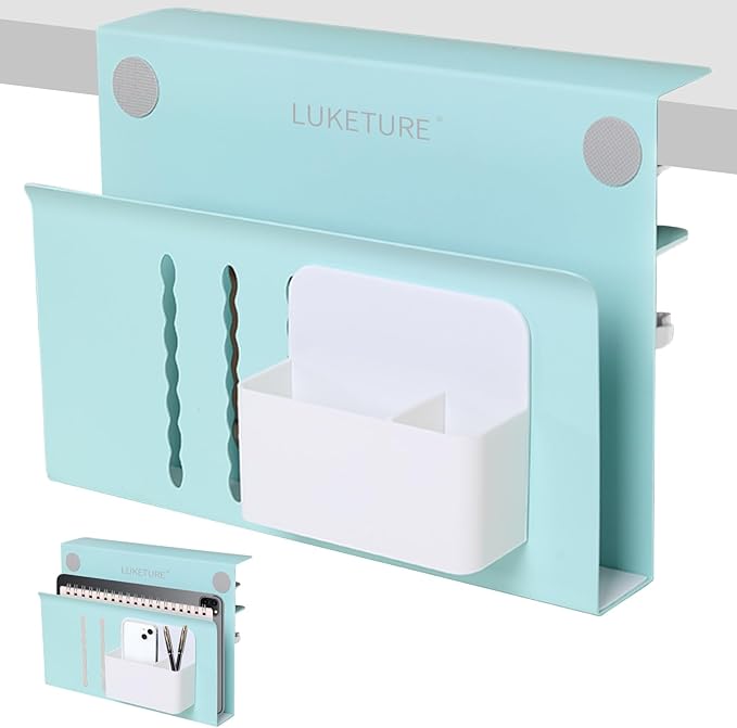 LUKETURE Desk Side Storage, Steel Side Desk Organizer, No Drill Laptop Holder, Clamp on Laptop Mount with Pen Holder, Table Hanging Storage for Home Office, Fits Flat Edge Tables 0.3" to 2.8"
