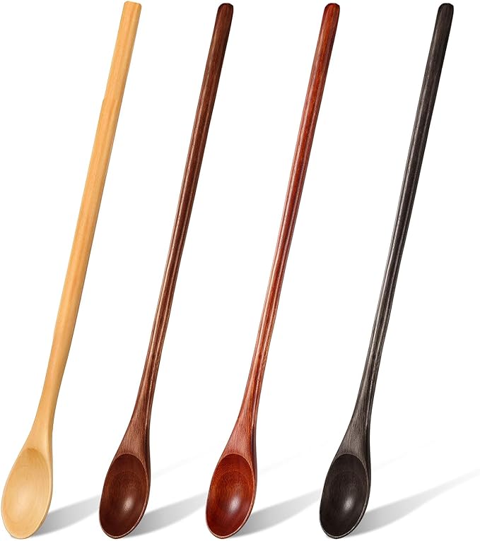 4 Pcs 13 Inch Long Handle Wooden Spoons for Cooking Long Handle Tasting Tea Spoon Wooden Utensils Vintage Stirrer for Kitchen Soup Coffee Cocktail Honey Mixing Stirring, 4 Colors