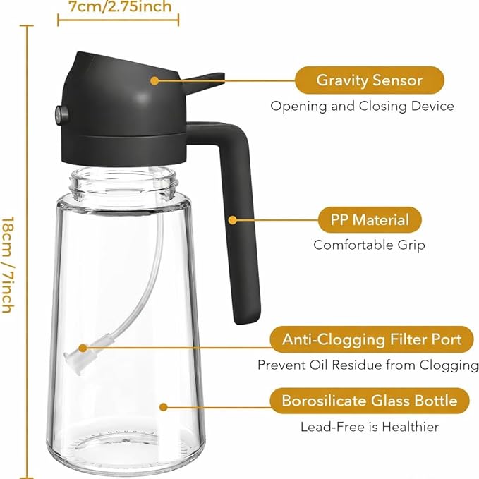 16oz/470ml Glass Olive Oil Sprayer for Cooking, 2 in 1 Oil Dispenser for Kitchen Gadgets, Food Grade Premium Spray Bottle with Portion Control for Salad, Frying