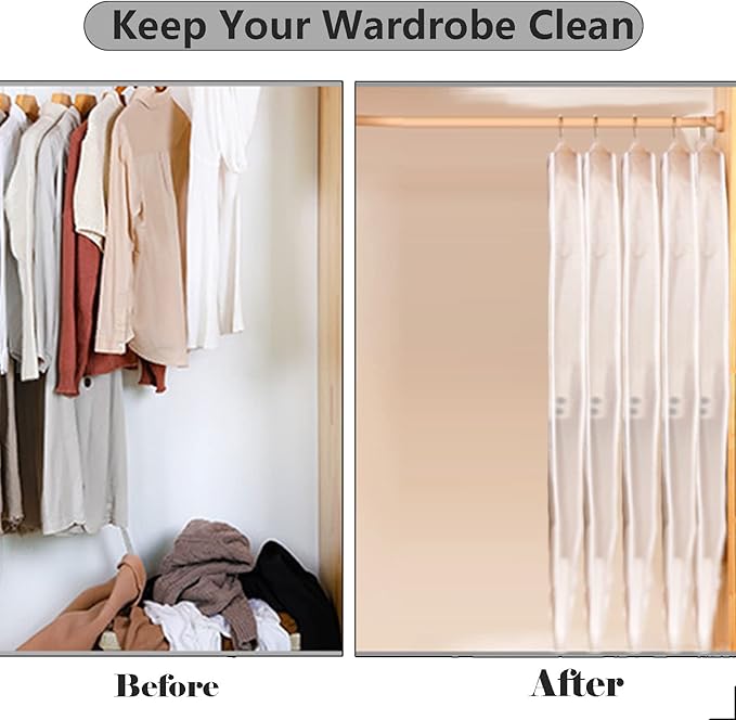 WJWSKI Clear Garment Bags for Hanging Clothes,50 Inch Waterproof Garment Bag for Travel,Clothing Cover Storage Bags with 3 Pockets for Suits,Dress,Coat, Jacket, Sweater, Shirts,Shoes & More