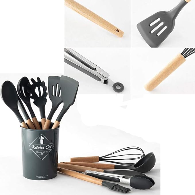 17PCS Silicone Utensils Set with Wooden Handle Heat Resistant Cookware Utensils Kit Easy To Clean Kitchenware Kitchen Tools for Non-Stick Cookware - Gray