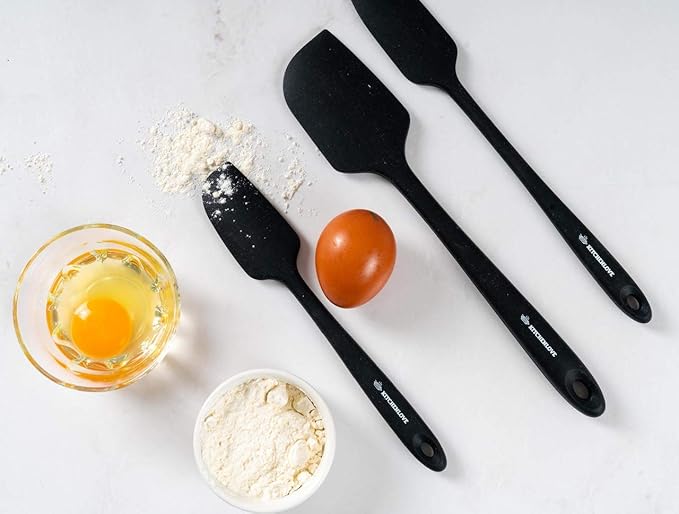 KITCHENLOVE Premium 600°F Heat Resistant 5 Piece Silicone Spatula Set for Baking, Cooking, Mixing - Non-Stick with High Grade S-Iron Steel Core - One Piece Seamless Design - BPA Free (Black)