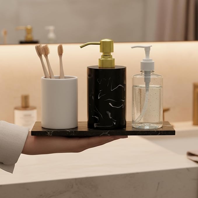 Soap Dispenser Countertop for Bathroom Kitchen, Liquid Hand Soap Dispenser 13.5oz Resin with Brushed Gold Stainless Steel Pump, Lotion Dish Soap Black Marble Bottle