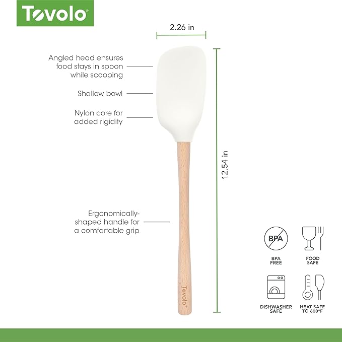 Tovolo Silicone Spoonula Silicone Spoon Spatula With Wooden Handle for Cooking Mixing Baking, Large Heat Resistant Multifunction Spatula Cooking Spoon Wood Handle Kitchen Utensil White