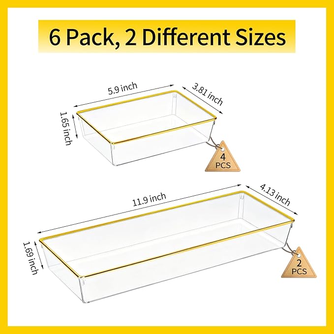 6 Pack Large Size Clear Stackable Drawer Organizer Trays, Gold Rim Makeup Drawer Storage Tray Divider, Desk Storage for Makeup, Jewelry, Bathroom