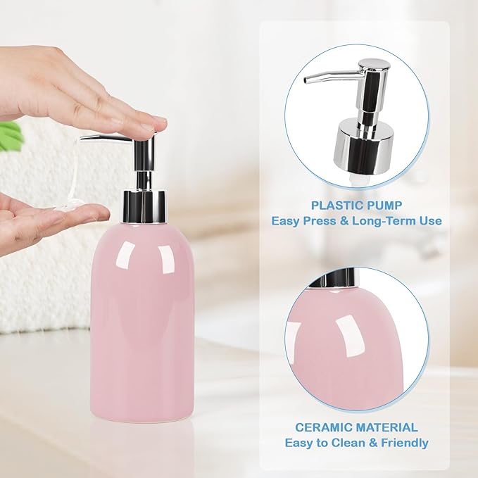 Natheeph 14OZ Ceramic Soap Dispenser Ceramic Soap Pump Dispenser Can Fill Liquid for Bathroom/Kitchen (2PC Pink)