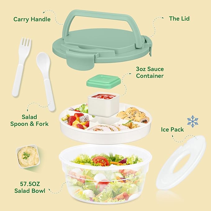 Salad Container for Lunch, Bento Lunch Box 58-oz with 4 Compartments Tray and Ice Pack, Leak-Proof Salad Bowl with Lid for Adults