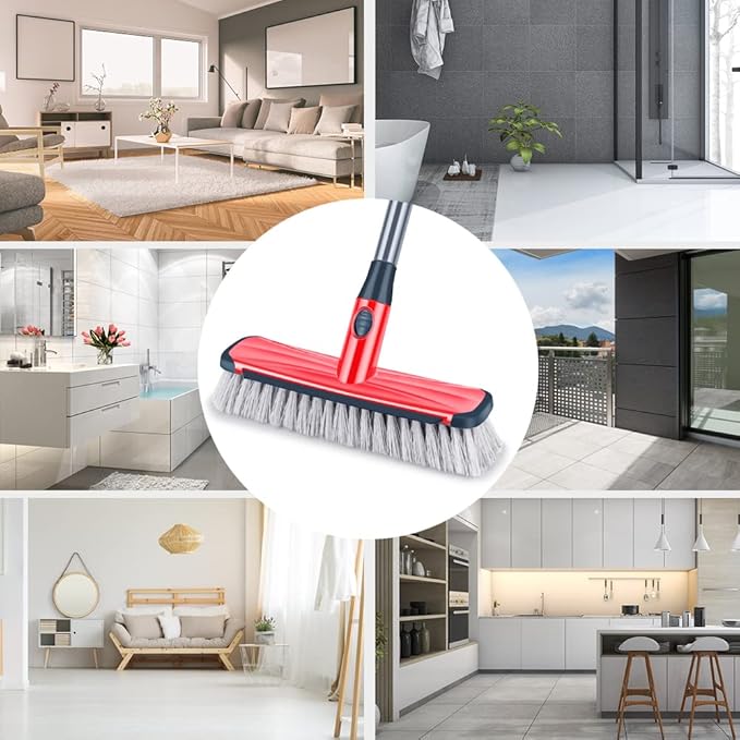 Floor Scrubber with Long Handle, 2 in 1 Scrubbing Brush Stiff Bristle Shower Cleaning Brush for Bathroom, Kitchen, Tub, Carpet, Grout, Tile(Red)