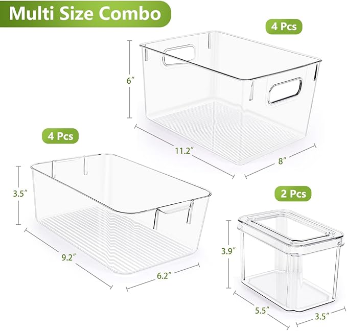 Set Of 10 Refrigerator Pantry Organizer Bins, Clear Plastic Food Storage Bins for Kitchen, Countertops, Cabinets, Fridge, Freezer, Bedrooms, Bathrooms, Fridge Organizer Bins Pantry Storage Containers