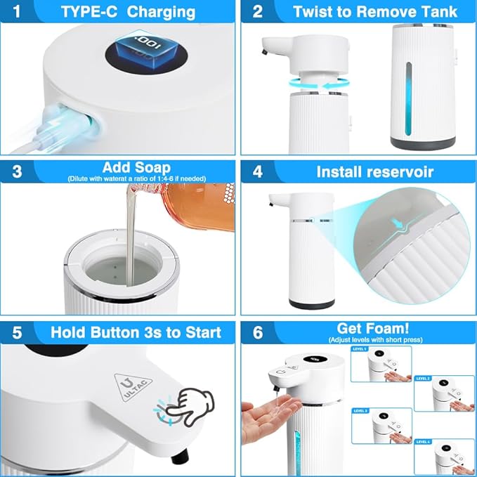 Touchless Automatic Soap Dispenser for Kitchen and Bathroom, Liquid Hand Soap Dispenser, Water-Resistant and Rechargeable, 14.2oz/420ml ，Intelligent Digital Display，4-Level Adjustable,Modern