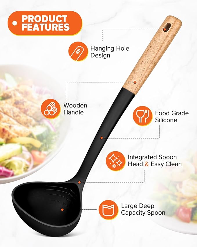 Pasta Fork and Ladle Set, Perfect for Serving Hot Soup, Stirring, and Sauce Pasta, BPA-Free Matte Silicone, Wood Handle Spaghetti Spoon for Nonstick Cooking Surfaces (Black)