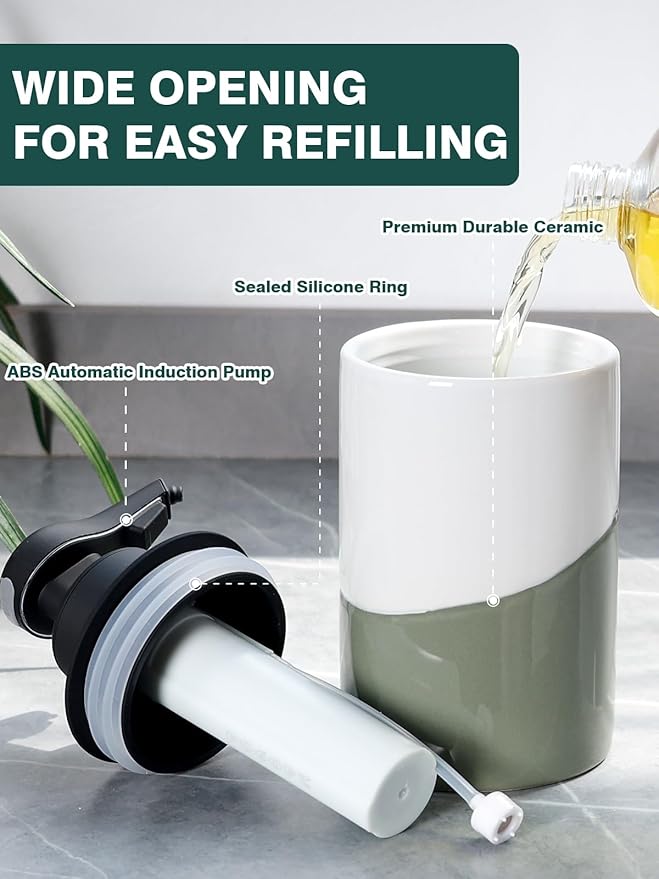 BosilunLife Automatic Soap Dispenser Ceramic Hand Free Soap Dispenser with Waterproof Pump Rechargeable Smart Electric Lotion Soap Dispenser Touchless (White-Green, Foam Pump)