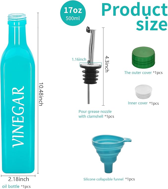 1 Pc 17oz Olive Dispenser Bottle,500ml Glass Oil and Vinegar Dispenser Set with 1 Stainless Steel Pourers,Funnel Bottles for Kitchen (Turquoise Vinegar)