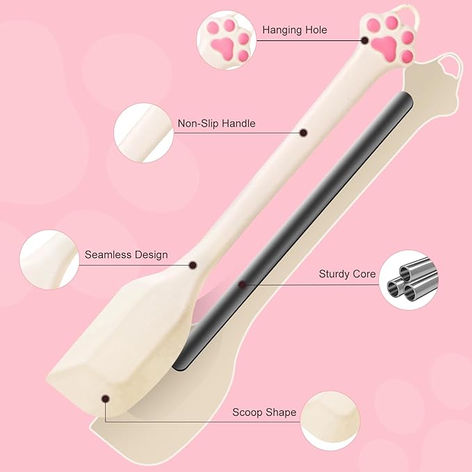 Cute Cat Paw Silicone Spatula Set - High Heat Resistant Rubber Scraper for Baking & Cooking, BPA-Free Non-Stick Kitchen Utensils, Adorable Cat Lover Gifts(2 Pack, 8.5" & 11" Mix, Cream)