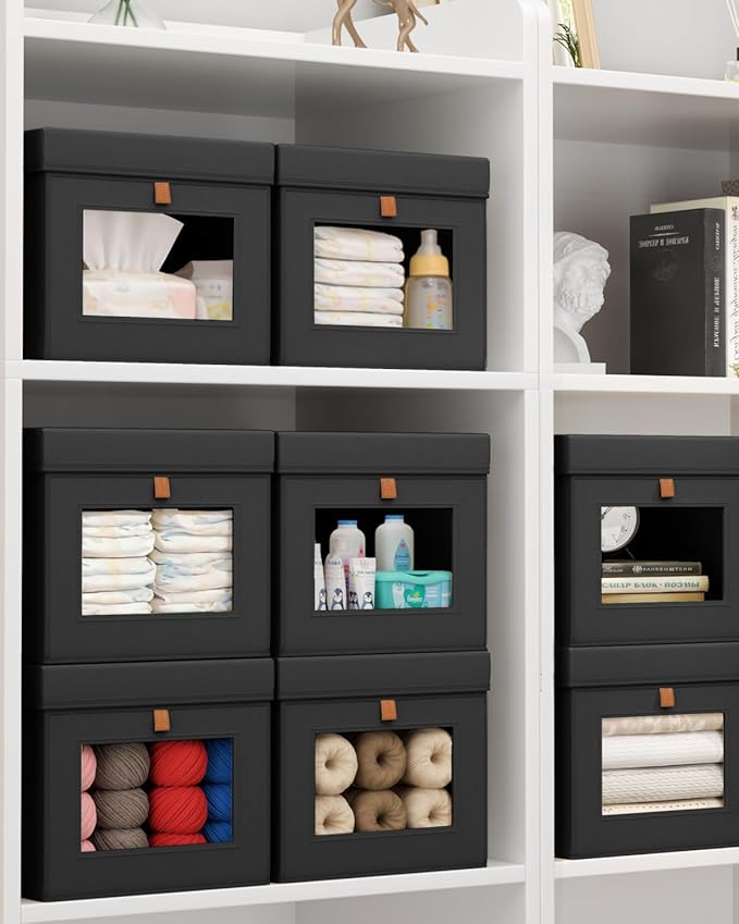 Homsorout Storage Bins with Lid – Closet Organizer with Side Opening and Clear Window, Foldable Stackable Fabric Basket for Clothes, Home, Office - 13.77" x 11.8" x 9.8", 4 Pack, Black