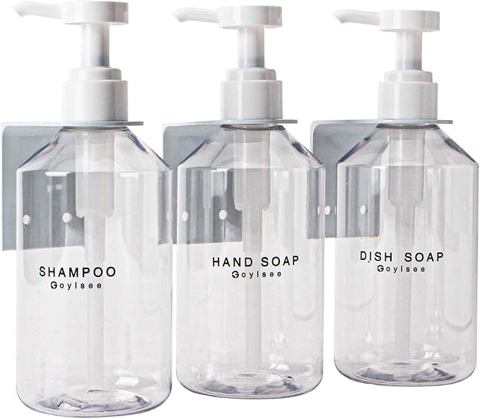 3-Chamber Shampoo & Conditioner Dispenser - Wall-Mounted Soap Dispenser Plastic Bottles with 4CC Pumps, No Drill Installation, Refillable for Bathroom, RV, Commercial Use Clear