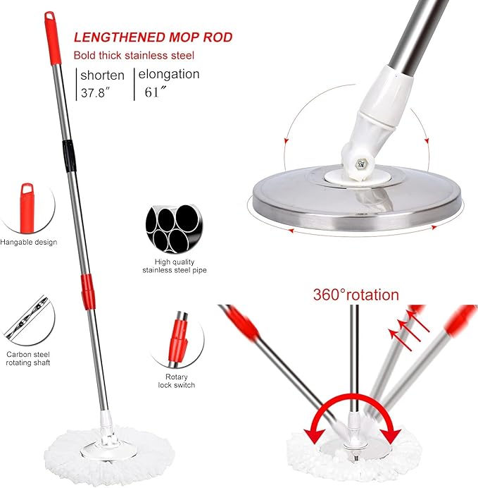 Mop and Bucket with Wringer Set, 360 Floor Cleaning Stainless Steel Mop Bucket, 3 Microfiber Mop Refills, 61" Extended Handle, Black/Red (Set of 2)