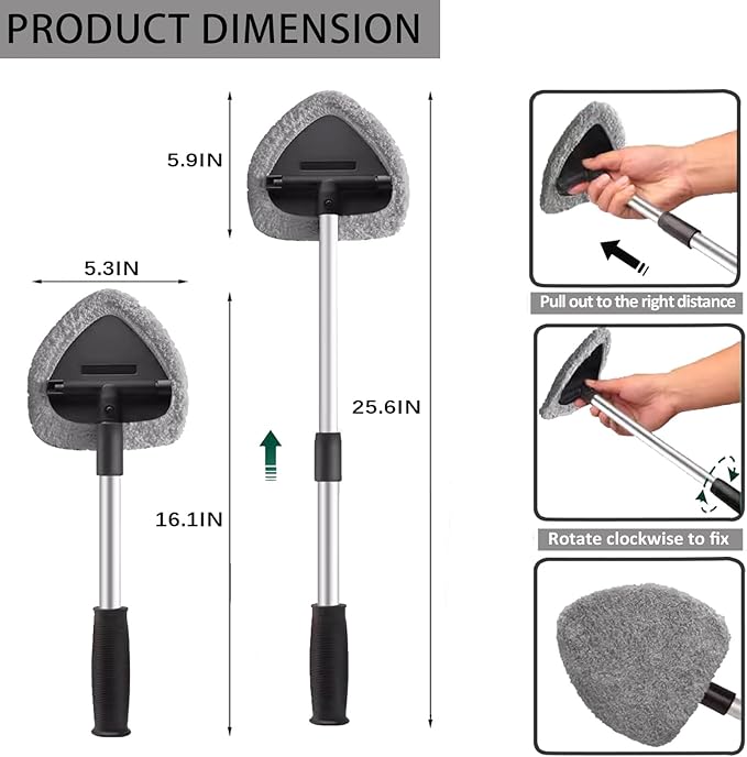 Car Windshield Cleaning Tools, Expandable Car Window Cleaner kit with 4 Reusable Microfiber Pads, Windshield Cleaning Wand Tool