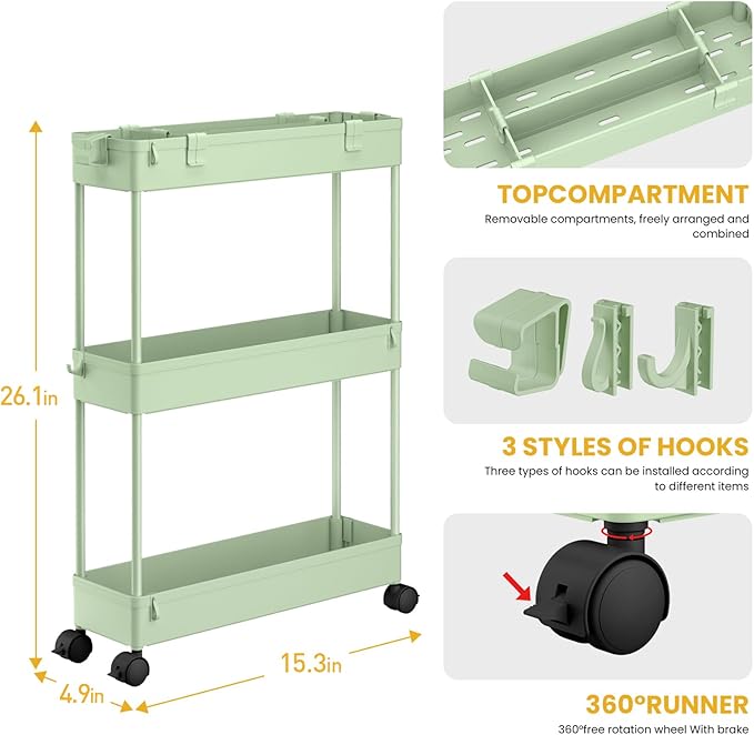 SPACELEAD Slim Storage Cart 3 Tier,Bathroom Organizer Rolling Utility,Mobile Shelving Unit Slide Out for Office, Kitchen, Laundry Room & Narrow Places，Green