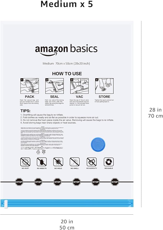 Amazon Basics Vacuum Storage Bags for Clothes, Compression Zipper with Hand Pump