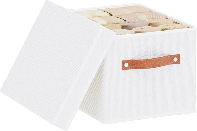 Foldable Storage Bin, 10.2×7.8×6.7 Inch Storage Box with Lid, Closet Organizer for Organizing with Handles, White, 1-Pack