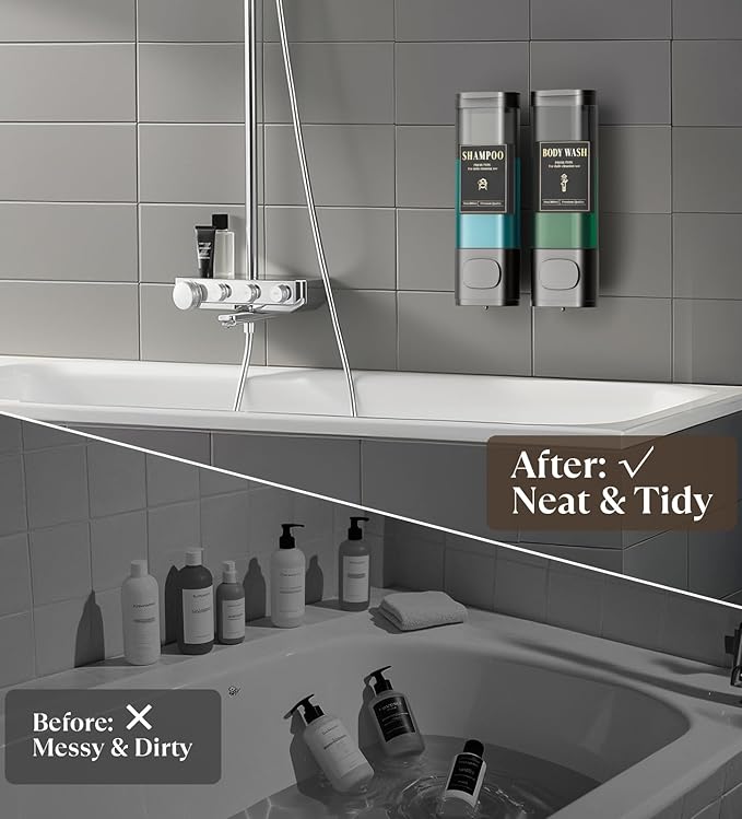 Luxspire Shampoo and Conditioner Dispenser, No Drill Wall Mounted Shower Soap Dispenser 2 Chamber with Waterproof Labels, Easy Refill Soap Dispenser for Bathroom Hotel Kitchen, Gray