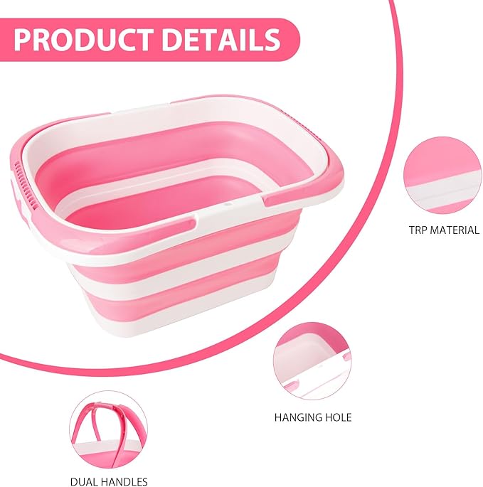 Collapsible Mop Bucket 4.2 Gallon(16L), Space-Saving Foldable Cleaning Bucket with Handle & Hanging Hole for Home, Swimming Pool, Camping, Car Wash & Outdoor (Pink White)