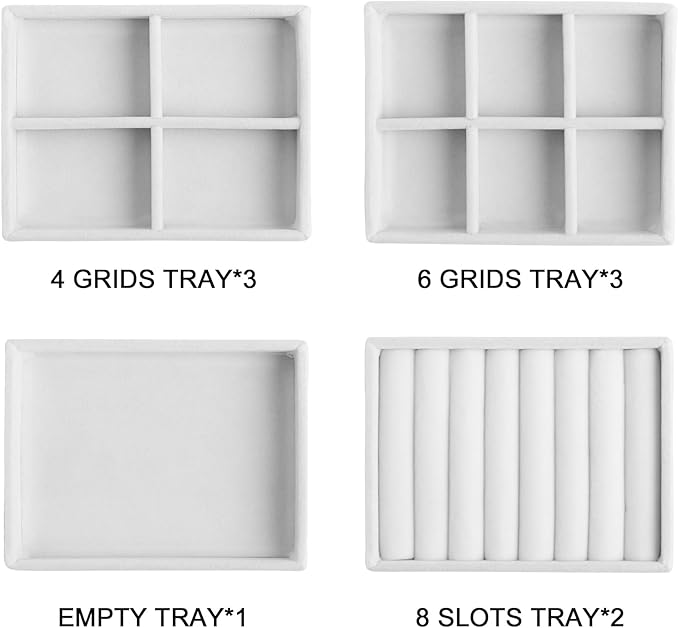 Small Jewelry Tray Set, Stackable Velvet Jewelry Organizer Tray, Set 9,White