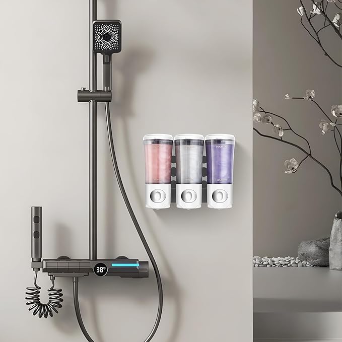Shampoo Conditioner Body Wash Dispenser No Drill Shower Soap Dispenser Wall Mounted Shampoo Dispenser 3 Chamber with Upgrade Pump Head Bathroom Soap Dispenser 450ml/Each White