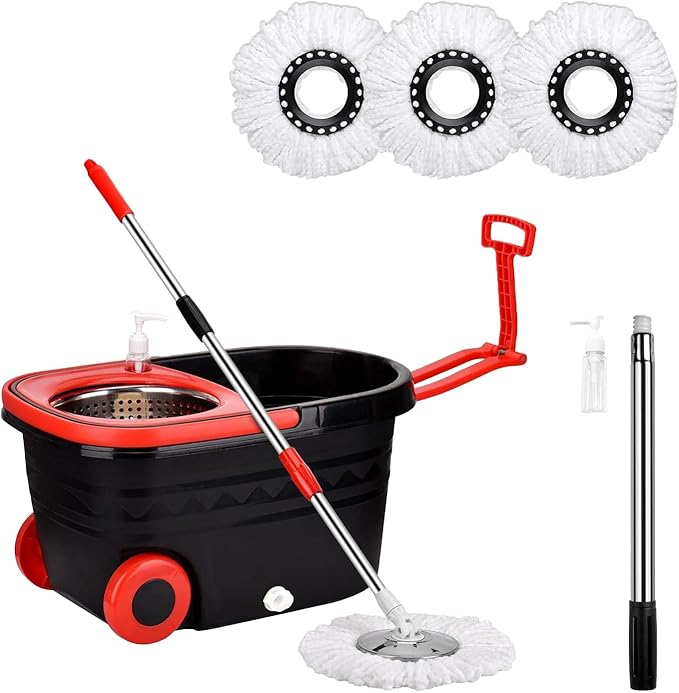 Mop Bucket with Wringer On Wheels,360°Spin Mop and Bucket,with Stainless Steel Handle and 3 Microfiber Mop Replacement Heads(25QT)