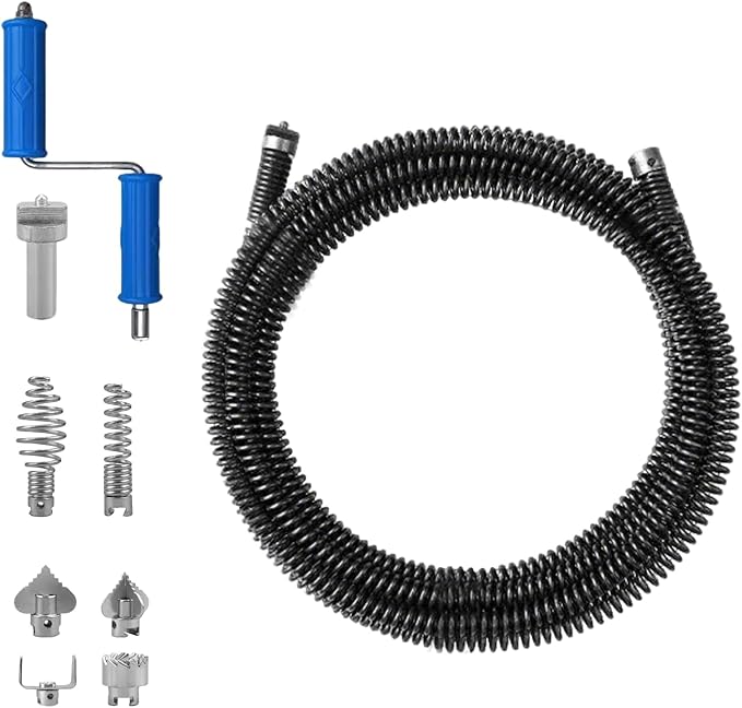 49.2 Feet x 1/2 inch Solid Drain Cleaning Cable with Six Shapes of Cutters, Manually Adapter and Powered Adapter